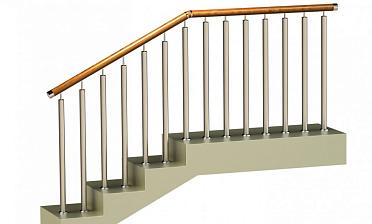 Ограждения с двумя стойками в каждую ступень с деревянным поручнем и без ригелей купить в Алматы