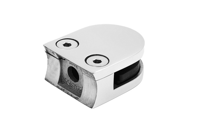 Стеклодержатель литой с вставками под стекло 8-10 мм, 4+4 мм, закругленный под стойку Ø38,1 мм (40х22х50), полированный, (AISI 304) k001-10 Стеклодержатель литой с вставками под стекло 8-10 мм, 4+4 мм, закругленный под стойку Ø38,1 мм (40х22х50), полированный, (AISI 304) k001-10