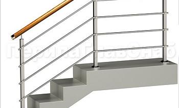 Четыре ригеля на держателях, круглый деревянный поручень и квадратные стойки в Алматы. Готовые проекты ПерилаГлавСнаб Четыре ригеля на держателях, круглый деревянный поручень и квадратные стойки в Алматы. Готовые проекты ПерилаГлавСнаб