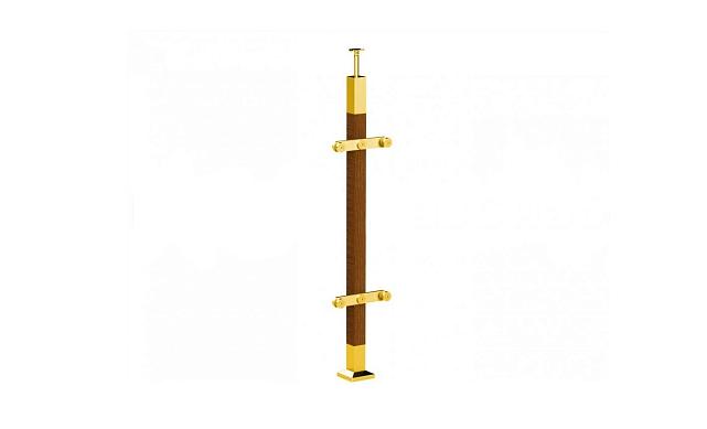 Готовая стойка 40х40х950 мм, деревянная, со вставками из нержавеющей стали 2х100 мм с 2 пластинчатыми стеклодержателями, под золото k740-2-G