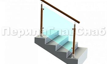 Ограждение с круглым деревянным поручнем с зажимными стеклодержателями и стойками с деревянными вставками в Алматы. Готовые проекты ПерилаГлавСнаб