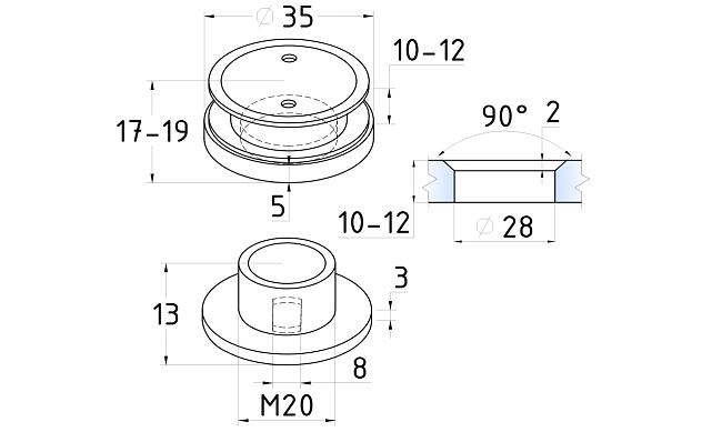 Точечный стеклодержатель 8.5-10.5 мм, регулируемый, под зенковку, для стекла 10-12 мм t502 SSS 2