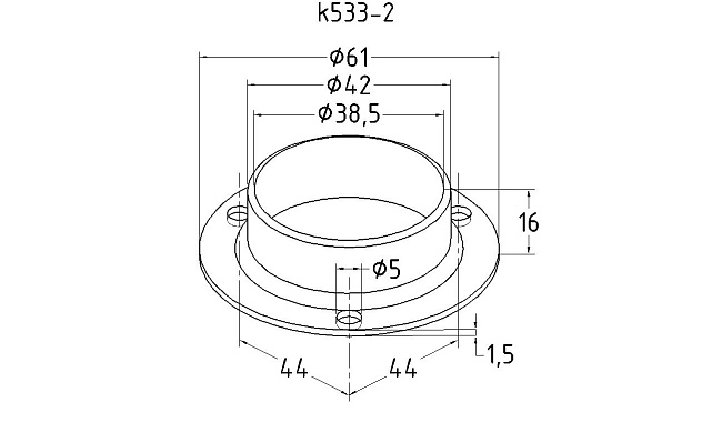 Фланец штампованный, для трубы Ø38.1 мм, полированный, внешний диаметр Ø68 мм, толщина 1.3 мм (AISI 304) k533-2 3 Фланец штампованный, для трубы Ø38.1 мм, полированный, внешний диаметр Ø68 мм, толщина 1.3 мм (AISI 304) k533-2 3