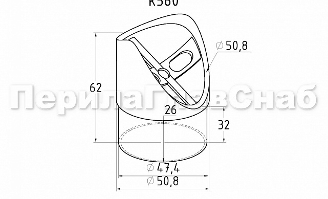 Наконечник седловина косая 30° на стойку Ø50.8 мм, под поручень Ø50.8 мм, литая, полированная, AISI 304, k560 2 Наконечник седловина косая 30° на стойку Ø50.8 мм, под поручень Ø50.8 мм, литая, полированная, AISI 304, k560 2