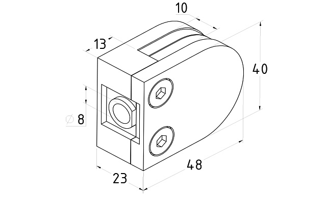 Стеклодержатель литой, под стекло 8 мм. 4+4 мм. на плоскость 40х22х48 полированный (AISI 304) k002-2 2 Стеклодержатель литой, под стекло 8 мм. 4+4 мм. на плоскость 40х22х48 полированный (AISI 304) k002-2 2