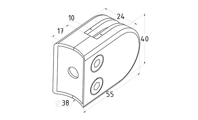Стеклодержатель штампованный полированный под стекло 10 мм, под стойку Ø38.1 мм, (AISI 304) 40х22х53 k038-10 2
