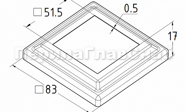 Низ стойки фигурный под трубу 50х50 мм, 83х83х0.5 мм, высота 17 мм, полированный (AISI 304) k375 2 Низ стойки фигурный под трубу 50х50 мм, 83х83х0.5 мм, высота 17 мм, полированный (AISI 304) k375 2