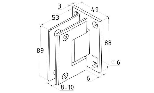 Петля для душевой кабины стена-стекло 90° 90х55 мм AISI 304, шлифованная  t301 SSS 4 Петля для душевой кабины стена-стекло 90° 90х55 мм AISI 304, шлифованная  t301 SSS 4